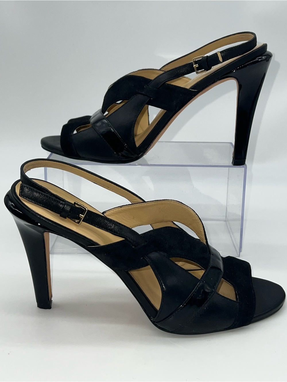 Cole Haan Women's Strappy High Heel Black Leather, Patent and Suede Sandals-Sz 9